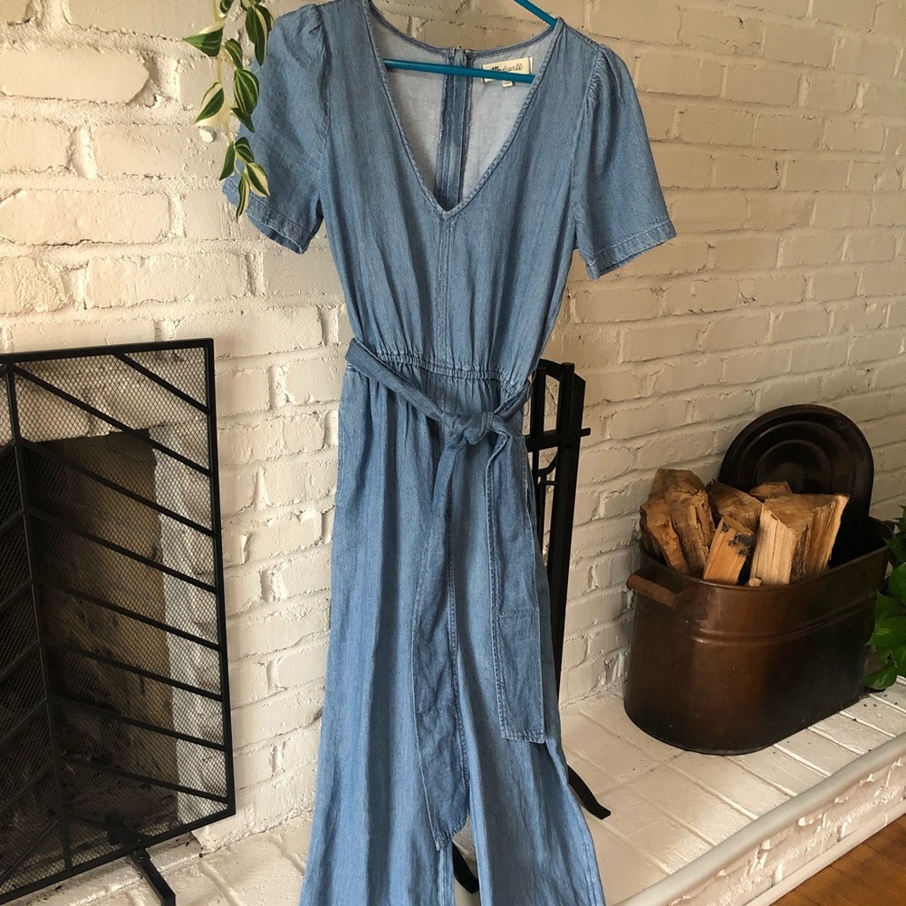 Gently worn Madewell denim jumpsuit with sash belt